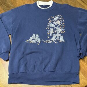 Vintage 90s Cat Crewneck Sweatshirt Nature Birds  Large